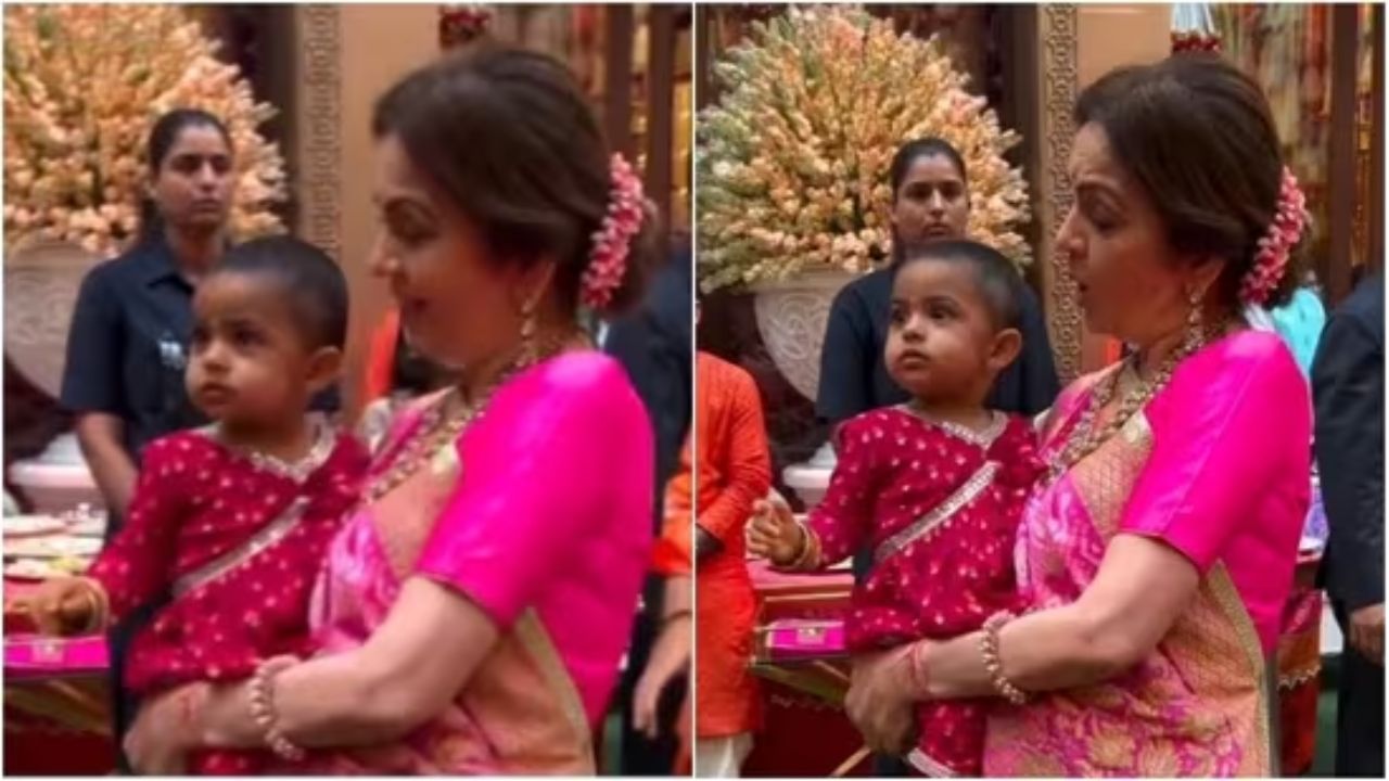 Nita Ambani Dazzles in Pink Bandhani Saree, Plays with Granddaughter Veda During Ganesh Visarjan