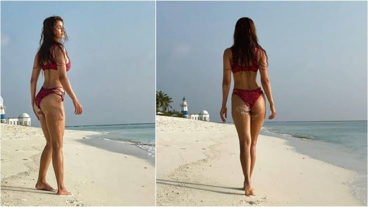 Disha Patani having fun in a red bikini inside the pool