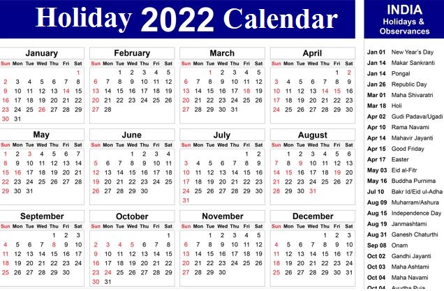 Public Holidays in India in 2022 - Check Full List of Year 2022 Calendar, Government, Public & Bank Holidays in India