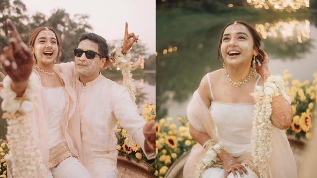 Prajakta Koli Sits on Fiancé Vrishank Khanal’s Lap in Dreamy White-Themed Haldi Ceremony – See Pics