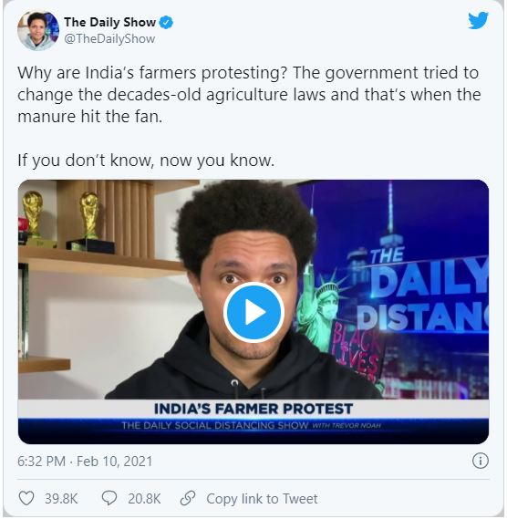 Trevor Noah puts Global Spotlight on India’s Farmers Protests