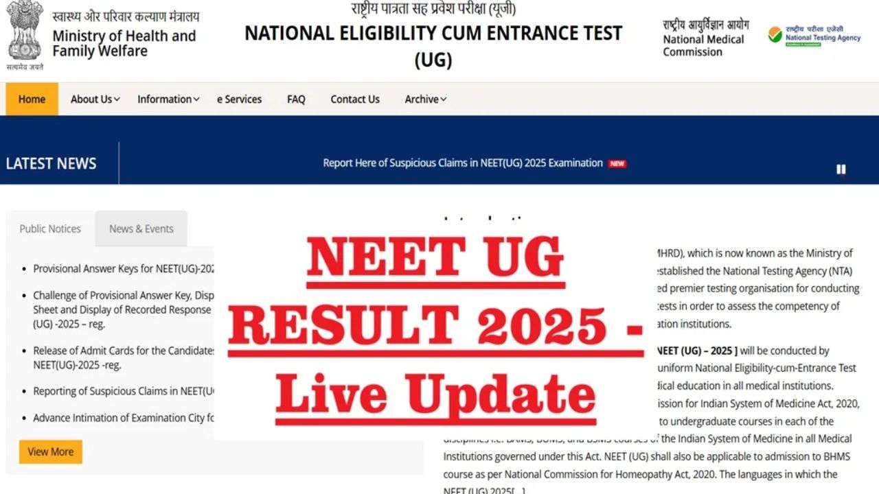 NEET Result 2025 Live: NTA NEET UG Results Expected Today at neet.nta.nic.in – How to Check