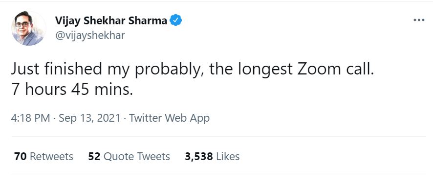 Paytm's CEO Vijay Shekhar Sharma tweeted About his 7 hour Zoom Call